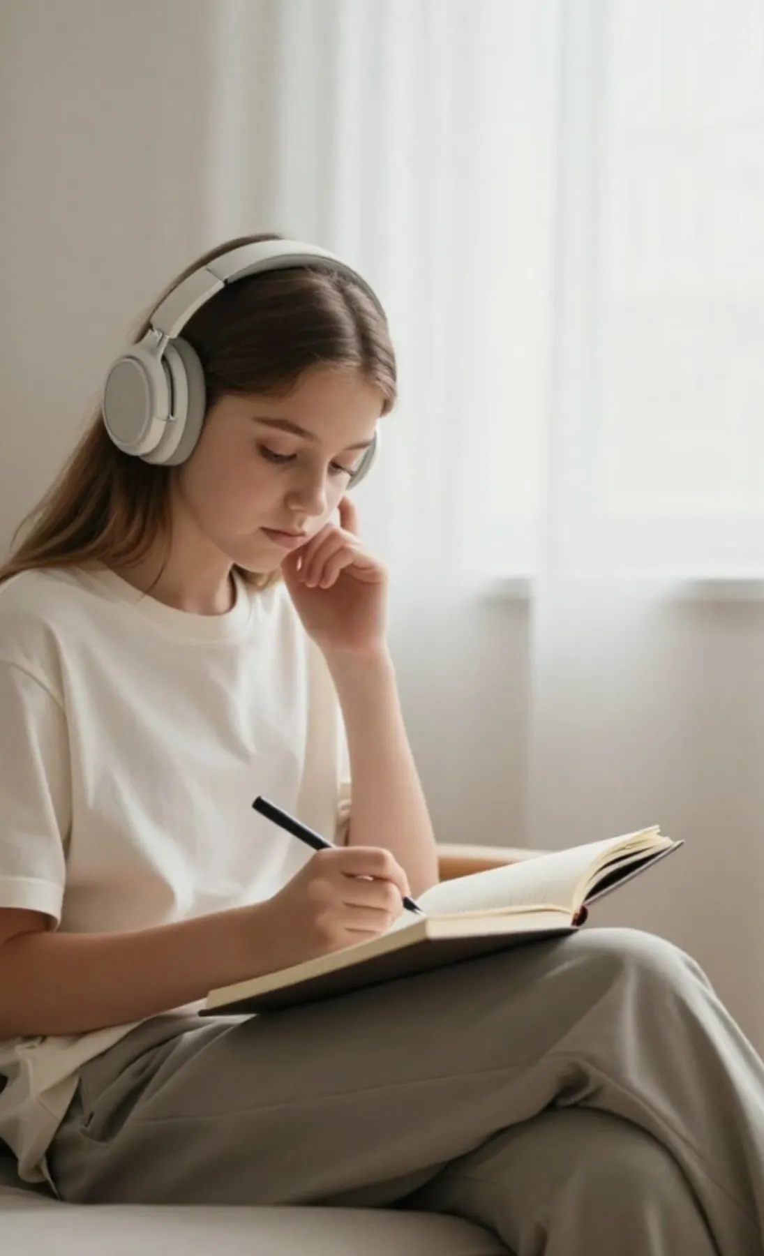 Adolescente con auriculares escribiendo en un cuaderno