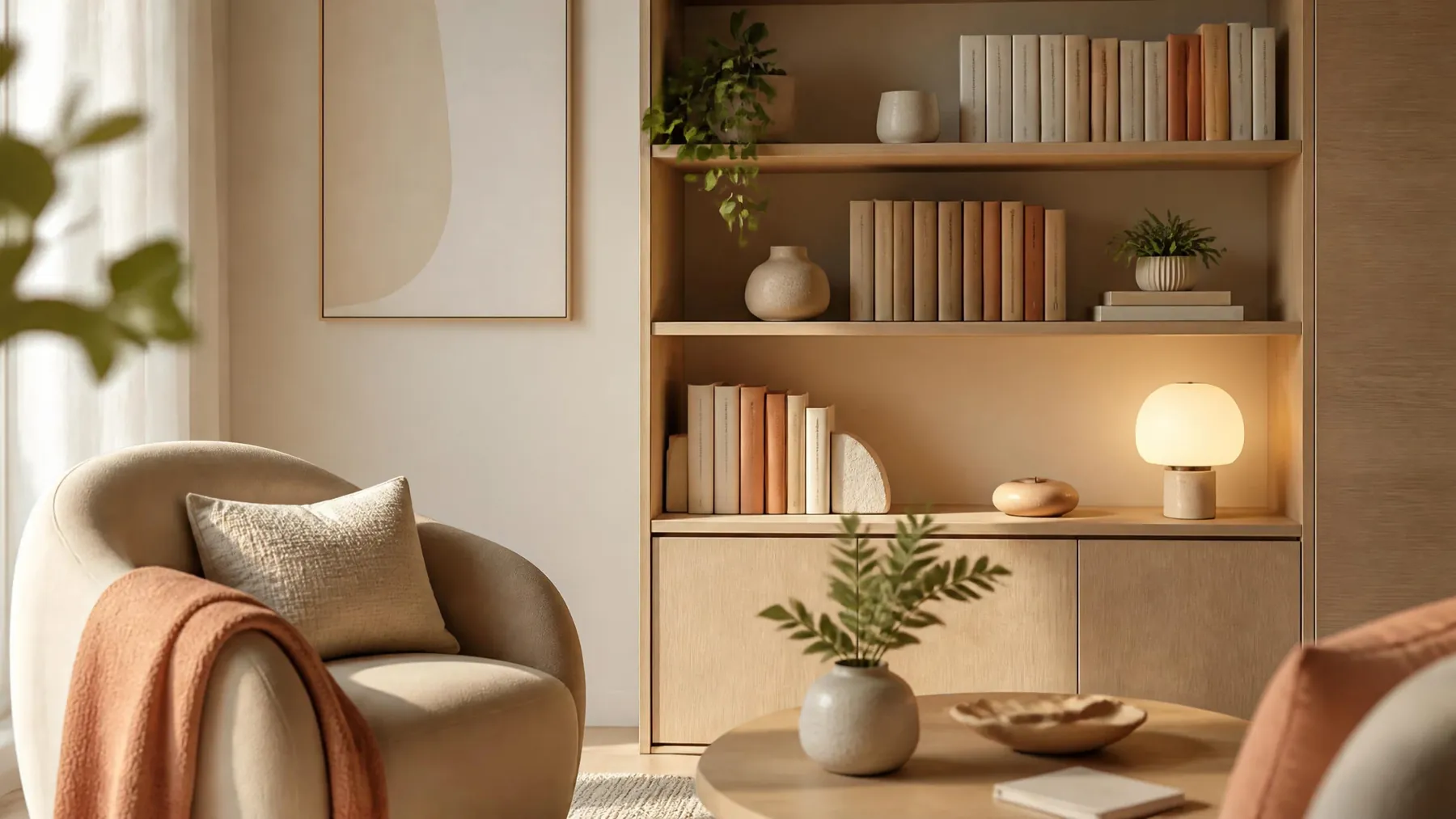 Rincón acogedor con sillón, estantería y luz cálida