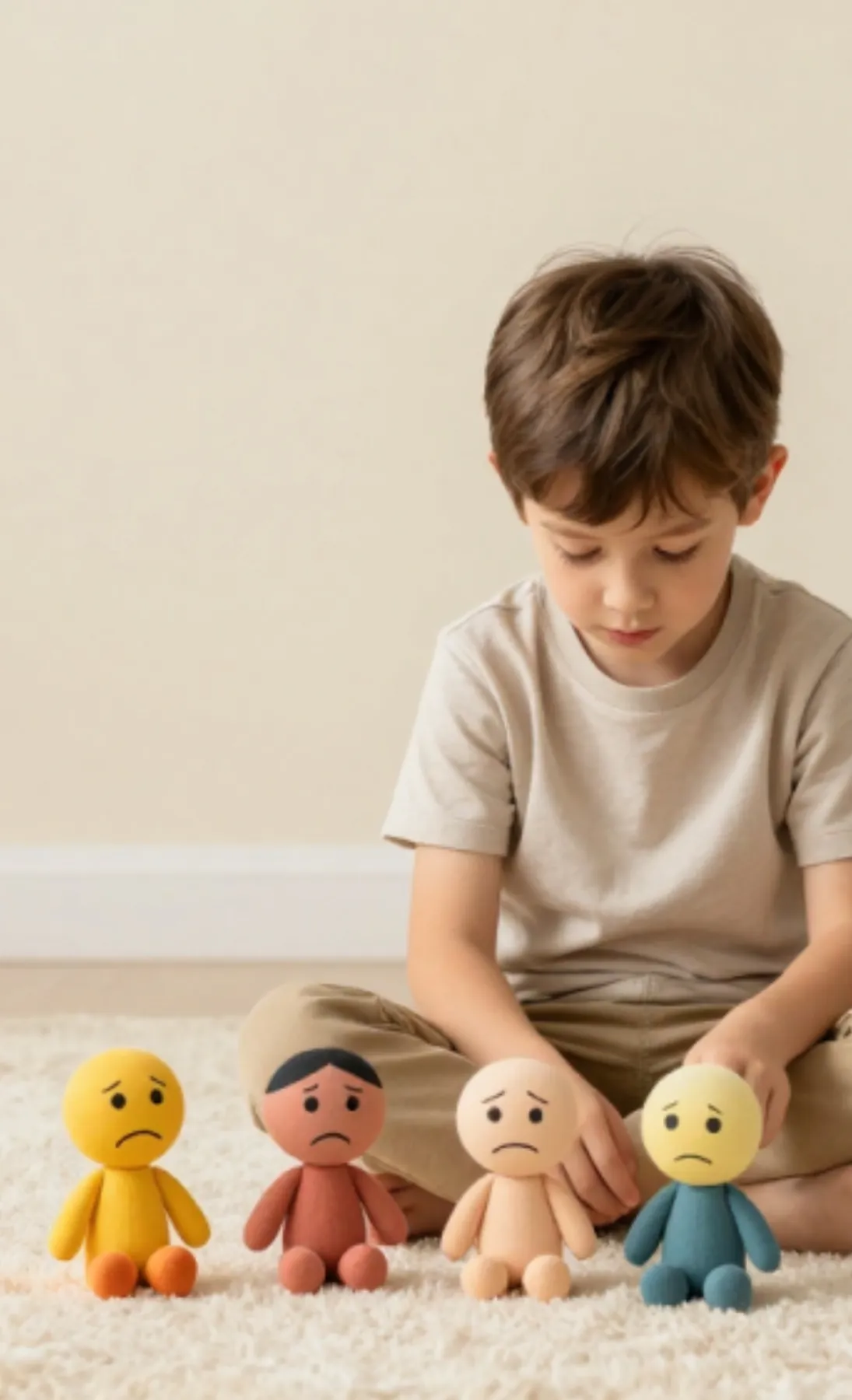 Niño jugando con muñecos que expresan emociones